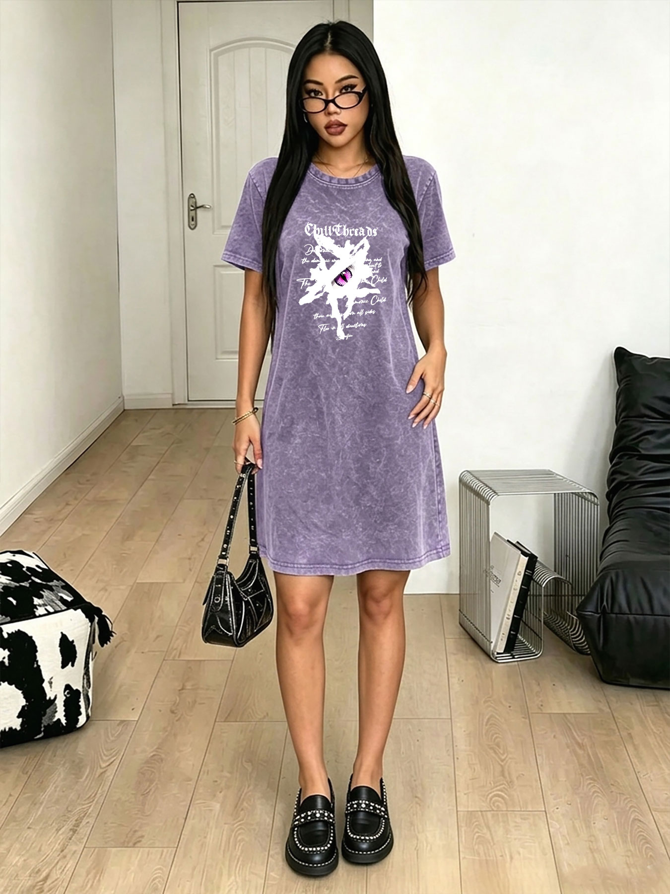 Streetwear Brand With Eye - Women's Washed Vintage T-Shirt Dress, Fashion